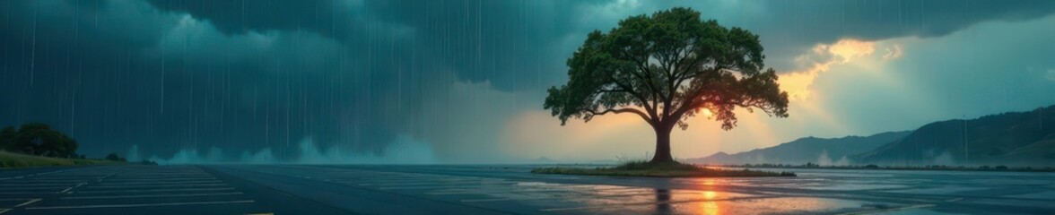 Torrential rain lashes a lone tree in a deserted parking lot , asphalt, reflection, tree