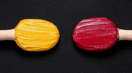 Yellow and Red Paint on Wooden Palette with Black Background and Glittering Texture