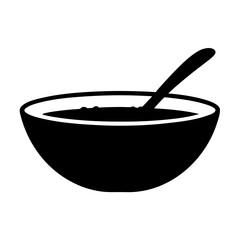 Black and white illustration of a bowl filled with soup and spoon
