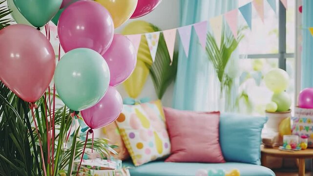 Colorful party room with balloons and decorations