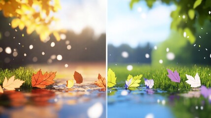 Dual scenes Autumn leaves by water meet spring grass and blossoms