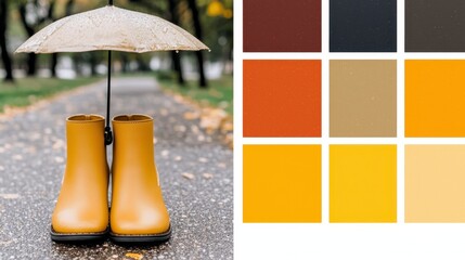 Yellow Rubber Boots Under a Gold Umbrella on a Rainy Autumn Day on a Paved Pathway