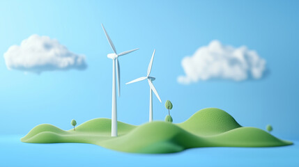 3D cartoo of wind turbines on small grassy hills with blue sky background