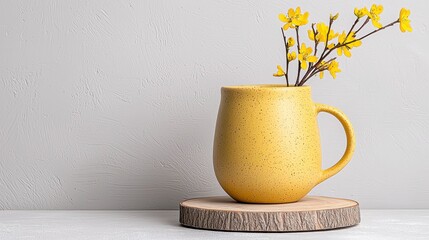 Yellow Speckled Mug with Forsythia Flowers on Wooden Slice