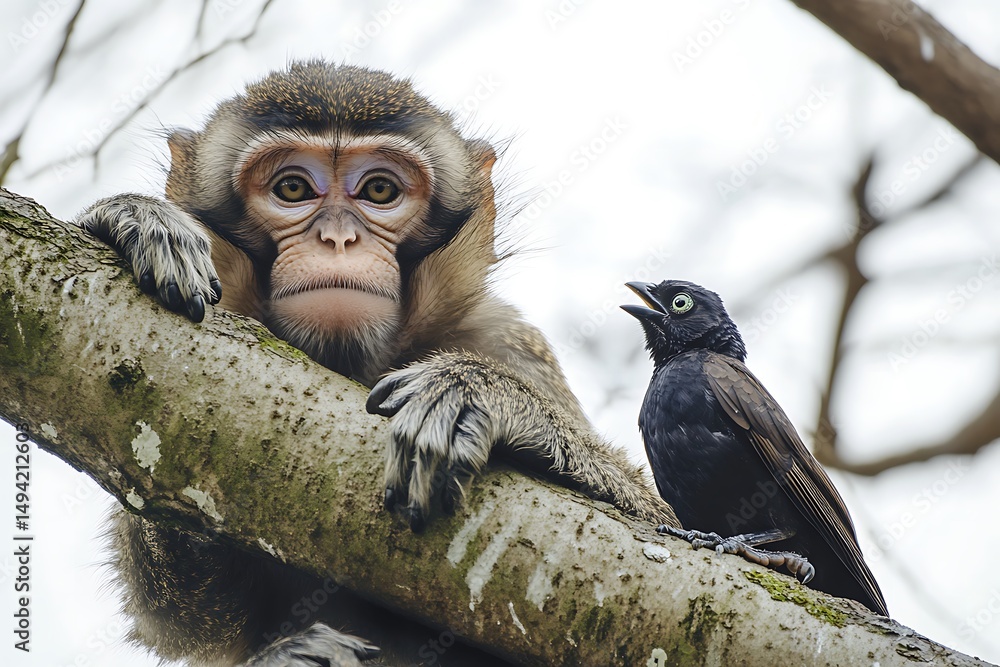 Wall mural a monkey resting on a tree branch with a black bird perched beside it looking up at the monkey