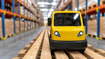Yellow Toy Delivery Truck on Wooden Pallet in Warehouse