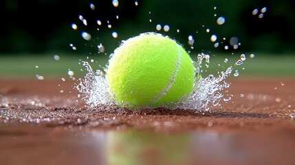 Yellow Tennis Ball Splashing on Wet Ground