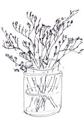 heather blossoming in a vase, monochrome black and white drawing