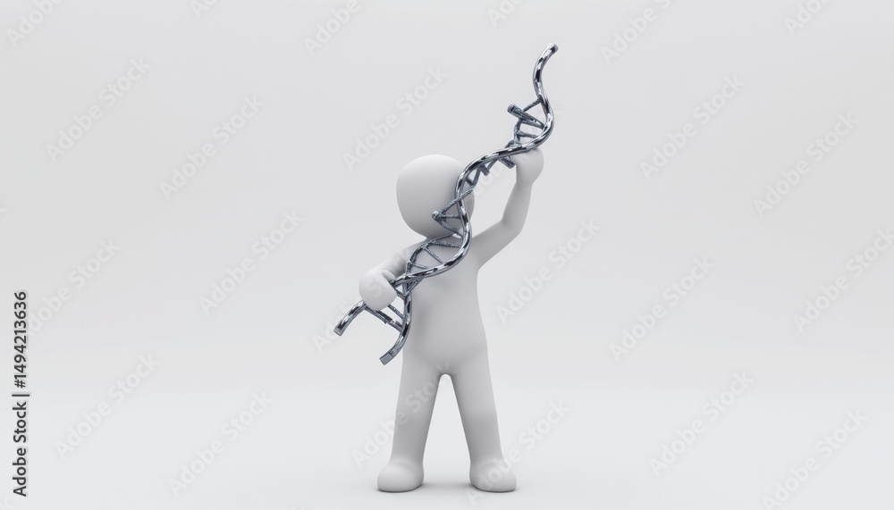 Poster 3d character holding a dna helix model, symbolizing genetics and science.