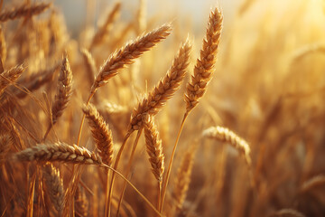 Fototapeta premium Golden Wheat Field Glowing in Warm Sunlight at Harvest Time, Nature and Outdoor Bokeh Concept