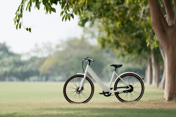 Fototapeta premium sleek electric bicycle parked in lush green park surrounded by trees and sunlight filtering through leaves