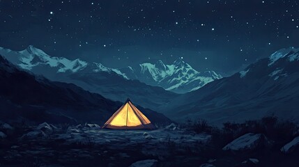 Tranquil Camping Scene at Night with Starry Sky and Illuminated Tent in Mountain Landscape