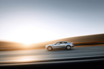 electric car driving on deserted highway surrounded by vast desert landscapes
