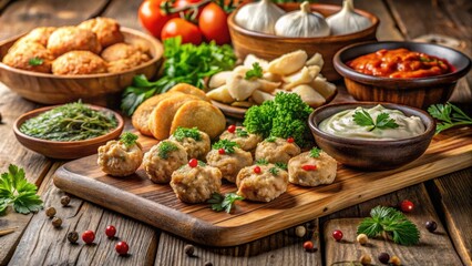 A Rustic Table Setting Featuring an Array of Savory Bites, Including Fried Meatballs, Diverse Dips, and Various Appetizers, Served on a Wooden Board