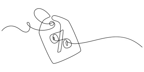Black Friday sale concept in continuous line. Tag emblem with percent discount. Linear background of percent sign. One continuous line drawing of a percent sign, One continuous line drawing blank.
