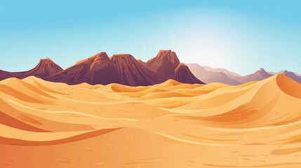 Serene Desert Landscape with Rolling Sand Dunes and Distant Mountains under a Clear Blue Sky, Creating a Sense of Tranquility