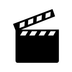 Black and white vector graphic representing the iconic movie clapperboard symbol