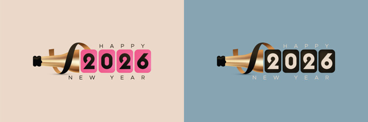 New Year 2026 celebration with bottle and ribbon as party symbol. Minimalist design of 2026 New Year