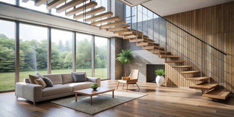 Fototapeta premium Modern Minimalist Living Room Design with Floating Staircase and Expansive Window Views