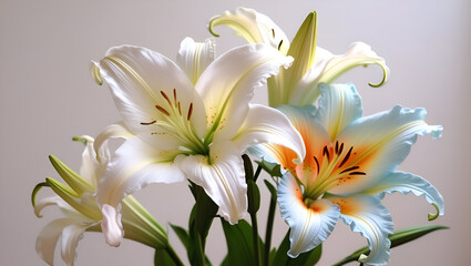 Intimate view of colorful lilies—white, orange, and light blue—highlighting the elegant contrast between their hues and the fine structure of their petals