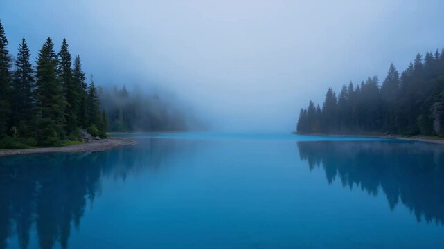 peaceful lake with fog and pine trees on a calm morning, quiet and relaxing water scene in nature with soft blue tones and mist