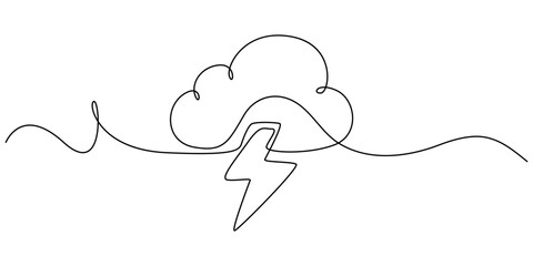 Continuous one line drawing of thundercloud and  lightning storm. Cloud in the sky single line vector illustration, Continuous one line editable drawing of thundercloud and lightning concept.