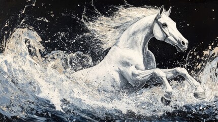 Majestic White Horse Splashes Through Turbulent Ocean Waves Captured in Stunning High Contrast Black and White Artwork, Evoking Power and Grace