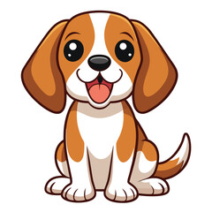 A cheerful beagle puppy with brown and white fur and floppy ears sits with its tongue out a white background