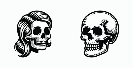 Vintage Skull Illustrations: Retro Black and White Male and Female Skeletons