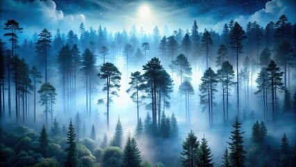 Dense forest at night with towering trees surrounded by mist and fog, their branches swaying gently in the wind , nighttime scenery, misty atmosphere