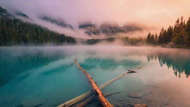 crystal clear lake with pine trees and underwater logs in bright daylight, beautiful calm scene with turquoise water and reflections