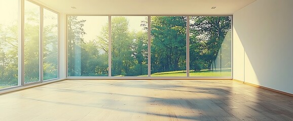 Sunlit empty room with large windows overlooking a verdant landscape