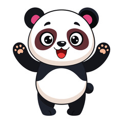 A cute baby panda with a playful expression stands on its hind legs, reaching out with its paws a white background