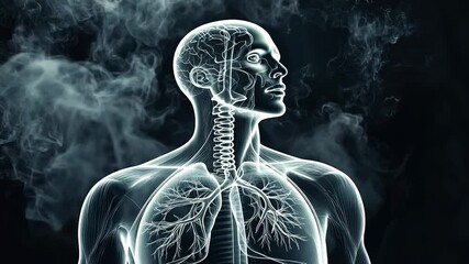 A detailed 3D illustration of a male model highlighting human body anatomy, including the spine, brain, and skeleton, useful for medical x-ray and health science - Powered by Adobe