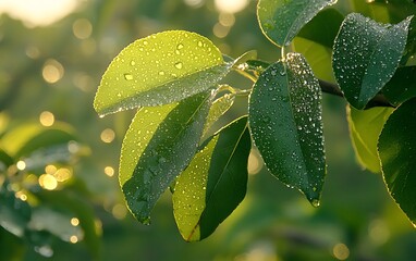 Sunlit leaves glisten with dewdrops, creating a fresh, natural aesthetic