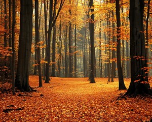 Sunlit path through autumnal forest, golden leaves carpeting the ground, hazy atmosphere