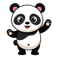 A cute baby panda with a playful expression stands on its hind legs, reaching out with its paws a white background
