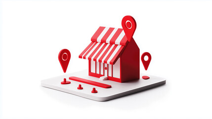 3D Rendering of a Red Shop Building with Location Pins - Online Business Concept