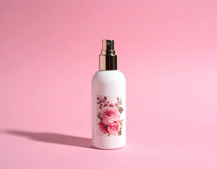 Naklejka premium Elegant pink cosmetic bottle featuring floral design, set against a soft pink background