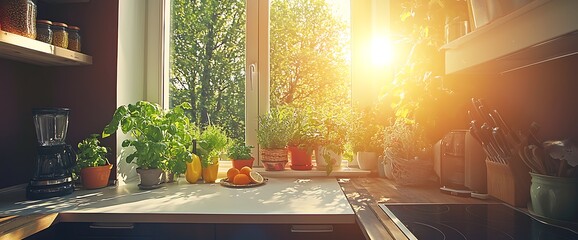 Sunny kitchen window view