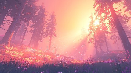 Sunny meadow Sun rays through tall trees, flowers, and grass in an ethereal landscape