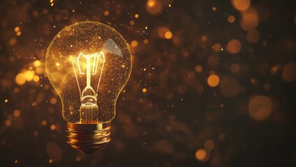 Glowing lightbulb, sparkling dust, bokeh background