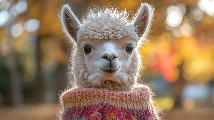 Sweatered alpaca portrait. Autumn foliage bokeh background