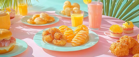 Sunny tropical breakfast spread with pastries, fruit, and drinks