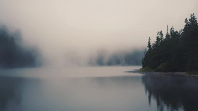 moody and foggy lake with pine trees and distant island, quiet and peaceful scene in soft morning light with calm water and fog