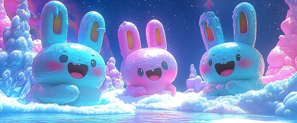 Three cheerful, pastel-colored bunnies frolic in a dreamy, snowy landscape under a starry night sky