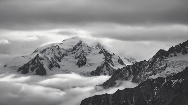 black and white view of snow covered mountain peaks with dramatic clouds and moody lighting, cold and powerful nature scenery