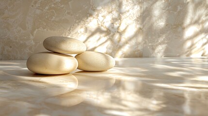 Three smooth, pale stones rest on a polished surface, bathed in dappled sunlight