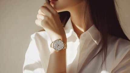 Elegant Woman Wearing a Stylish Gold Watch in a Fashionable Setting