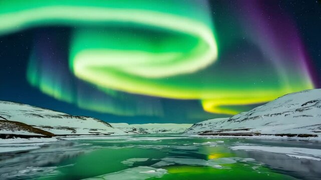 beautiful green aurora moving across the night sky over icy landscape, peaceful and magical northern light show in nature
